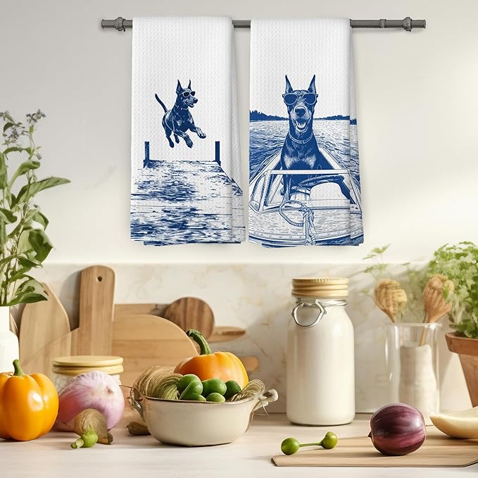 Lake House Decor Doberman Kitchen Towels Set of 2, Summer Funny Lake Dog Coastal Bathroom Hand Towel, Dog Lover Gifts Tea Towel Dish Towels 16x24 Inch
