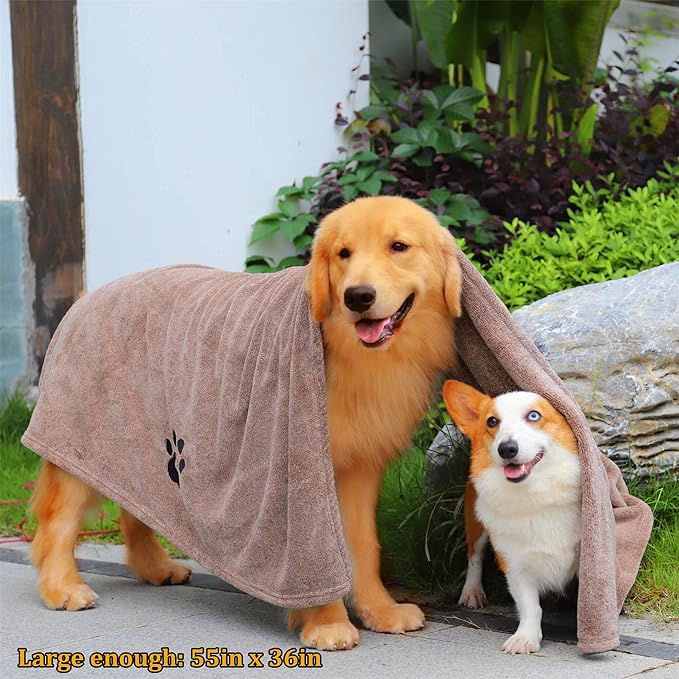 Extra Large Dog Towel - Pack of 3 - Super Absorbent Soft Microfiber Pet Bath Grooming Towels for Drying Dogs and Other Pets (XL-55" * 36", Green and Brown and Gray)