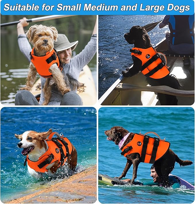 Dogcheer Dog Harness Life Jacket, High Buoyancy Neoprene Dog Life Vest for Swimming Boating, Adjustable Puppy Swim Vest Reflective Pet Float Vest for Small Medium Large Dogs - Orange, S