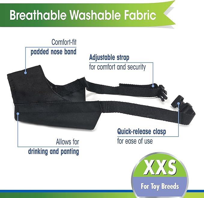 Four Paws Walk-About Quick-Fit Adjustable Dog Muzzle for XX-Small Dogs, Washable & Breathable, Black, 1 Count