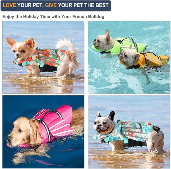 Dog Life Jacket, Wings Pet Life Vest for Swimming Boating Reflective Dog Flotation Swim Vest with Handle and Chin Float for Small Medium Large Size Dogs - Leaves Blue, XL