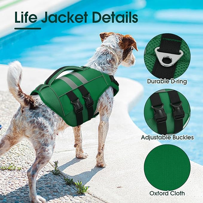 Kuoser Medium Dog Life Jacket, High Flotation Dog Life Vest for Swimming Boating, Reflective Dog Swimming Vest for Medium Dogs Pet Life Preserver with Rescue Handle, Green M