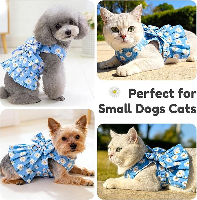 BAEJMJK Dog Dress Bowknot Harness Leash Set for Small Dogs Cats Daisy Floral Girl Dog Dresses Cute Puppy Princess Clothes Pet Doggy Outfits Spring Summer Breathable Dresses(Blue,Large)