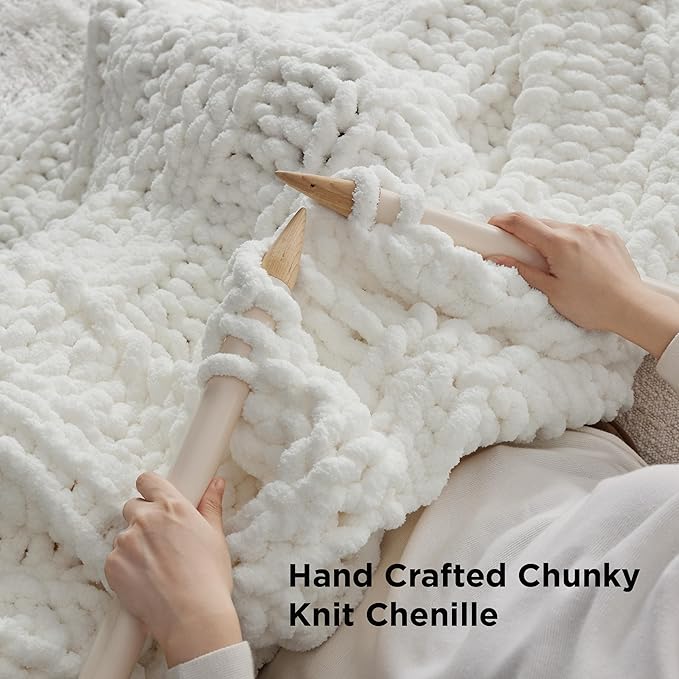 Bedsure Chunky Knit Throw Blanket for Couch - 100% Hand Knitted, 5.06 lbs GentleSoft Blanket with Giant Chenille Yarn for Bed Living Room Home Decor, Thick and Cozy, Cream White, 50x60 Inches