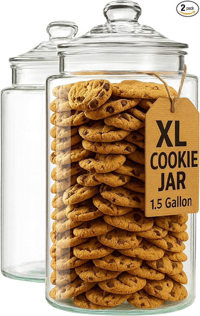 1.5 Gallon Tall Glass Cookie Jar - Food Storage Container with Airtight Lid - Large Kitchen Canister for Sugar, Flour, Dog Treat, Candy, Biscotti & Apothecary - Pack of 2