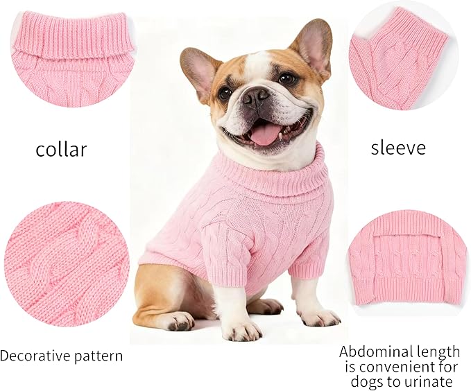 Small/Medium Dog Sweater, Warm Dog Winter Coat w/Sleeves, Comfortable High Neck Premium Dog Clothes for Bulldog-Best for Holidays, Daily Walks L Pink