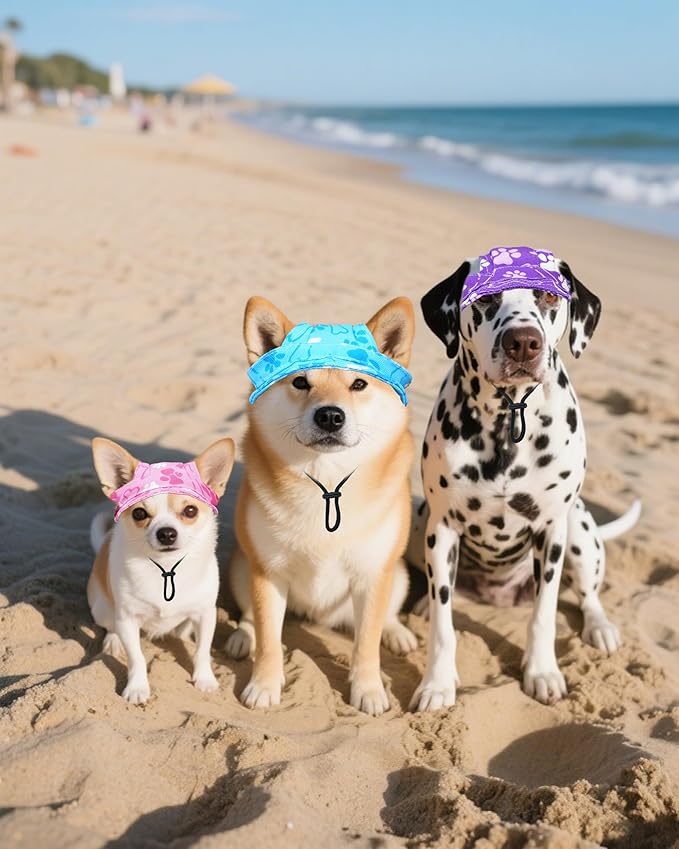 PET SHOW Dog Bucket Hat Paw Print Dog Visors for Small Doggy Cats Waterproof Outdoor Pet Sun Hats with Ear Holes Round Brim Adjustable Drawstring Boy Puppy Cap-Blue/XS