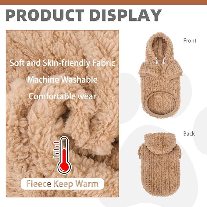 KOOLTAIL Fuzzy Dog Sweater Hoodie for Small Medium Large Dogs, Soft Fleece Pet Clothes Sweatshirt with Leash Hole, Warm Winter Dog Sherpa Jacket Snuggie Cold Weather Coat for Puppy Cats Girl, Beige L