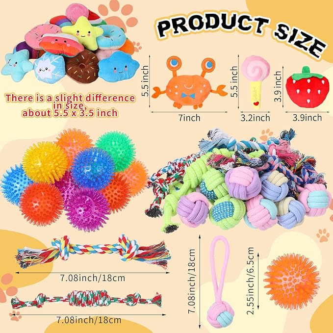 Syhood 60 Pcs Squeaky Dog Toys Bulk Stuffed Plush Chew Toys Puppy Teething Rope Cute Spiky Chew Ball for Small Dog Pet Teething Gift(Lovely Style)