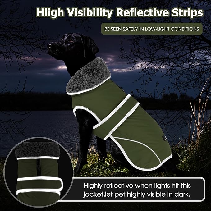 Dogcheer Dog Coat, Waterproof Dog Jacket Reflective Pet Winter Coat with Adjustable Hook & Loop, Christmas Puppy Fleece Jacket Warm Turtleneck Snowsuit for Small Medium Large Dogs - Green, XL