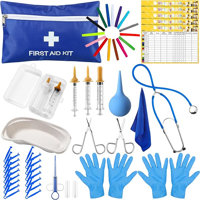 Silkfly 51pcs Puppy Kitten Whelping Kit Includes Whelping Collars Record Keeping Charts Bulb Aspirator Cord Clamps Feeding Nipple Bottle Scissors Stethoscope Towel Pill Dispenser for Newborn Pet