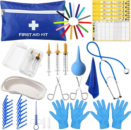 Silkfly 51pcs Puppy Kitten Whelping Kit Includes Whelping Collars Record Keeping Charts Bulb Aspirator Cord Clamps Feeding Nipple Bottle Scissors Stethoscope Towel Pill Dispenser for Newborn Pet