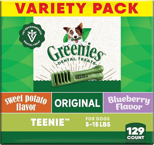 Greenies Dog Treats Veterinarian-Recommended Natural Dental Treats for Dogs, Teenie Size, Variety Pack Flavor, (3) 12 oz. Packs, 129 Count