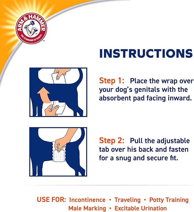 Arm & Hammer Small Male Dog Wraps, Disposable Belly Band Diapers with Baking Soda Odor Control, Super Absorbent Leak Resistant Design for Marking and Incontinence, 12-19 Inch Waist, 12 Count - 6 Pack