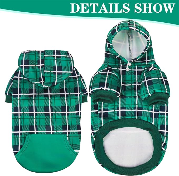 EXPAWLORER Plaid Dog Hoodie - British Style Warm Dog Sweater Shirt with Leash Hole,Pitbull Clothes Outfits,Winter Coat Apparel for All Breeds Puppy Girl Boy-Cat Apparel,Green Large