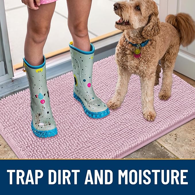 Smiry Dog Door Mat for Muddy Paws 47x24, Absorbs Moisture and Dirt Doormat, Non-Slip Washable Quick Dry Chenille Front Door Mat Indoor Entrance, Entryway Carpet for Inside Floor, Dusty Rose