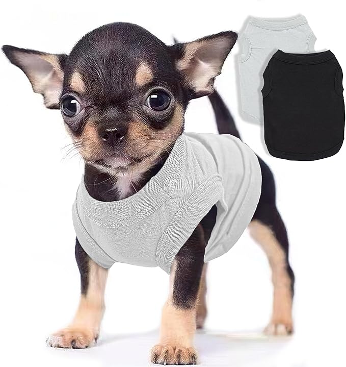 2-Pack Dog Shirts Summer Dog Clothes for Small Medium Dogs Boy, Teacup, Chihuahua, Yorkie, Pug and Cats, Solid Color Pet Tshirts Puppy Clothes, XS, Black+ Grey