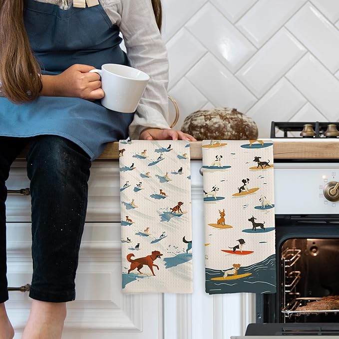 Dogs Surfing Kitchen Towels Set of 2, Coastal Summer Bathroom Decor, Dog Lover Gifts Beach Lovers Hand Towel, Ocean Surf Decorative Tea Towel Dish Towels 16x24 Inch