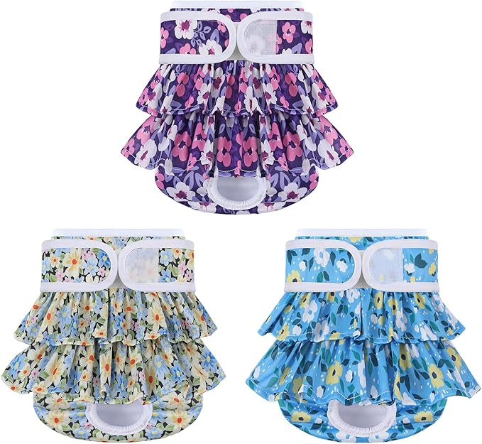 Reusable Dog Diapers Female 3 Pack Doggie Diapers for Period Heat Incontinence Puppy Training (Small, PurpleFlower)