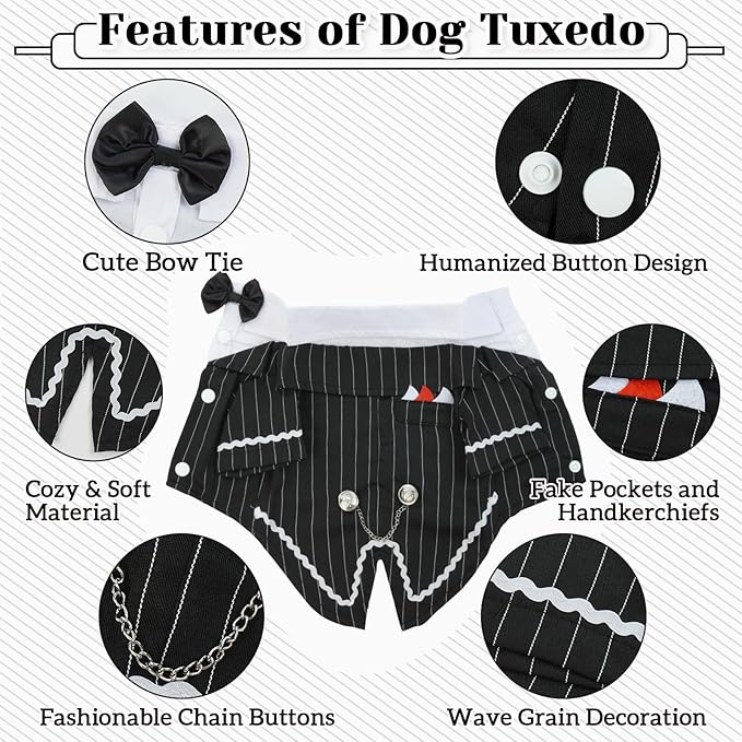 DENTRUN Dog Tuxedo Suit with Bow Tie - Formal Black & White Striped Pet Costume Shirt, Elegant Wedding Outfit Birthday Party Attire for Siberian Husky Border Collie Large Dogs, XL