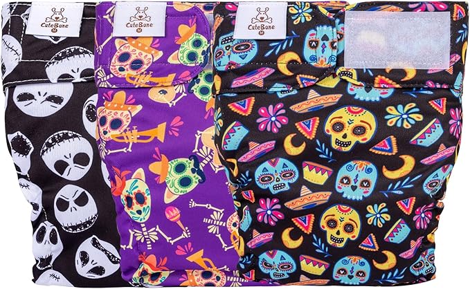 CuteBone Washable Halloween Dog Diapers Female No Tail Hole 3 Pack Reusable Doggie Period Training Pants for Docked-Tail Frenchie French Bulldog Boston Terrier Without Tail WWD09M