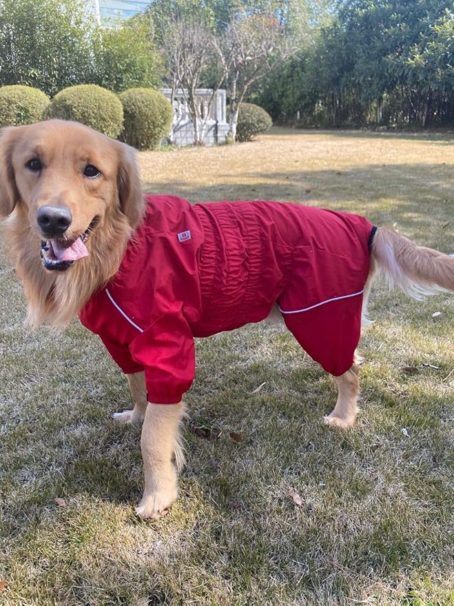 Lovelonglong Waterproof Dog Raincoat – 4-Leg Full Body Dog Rain Suit with Reflective Strips & Leash Opening, Outdoor Dog Jacket for Rainy Weather