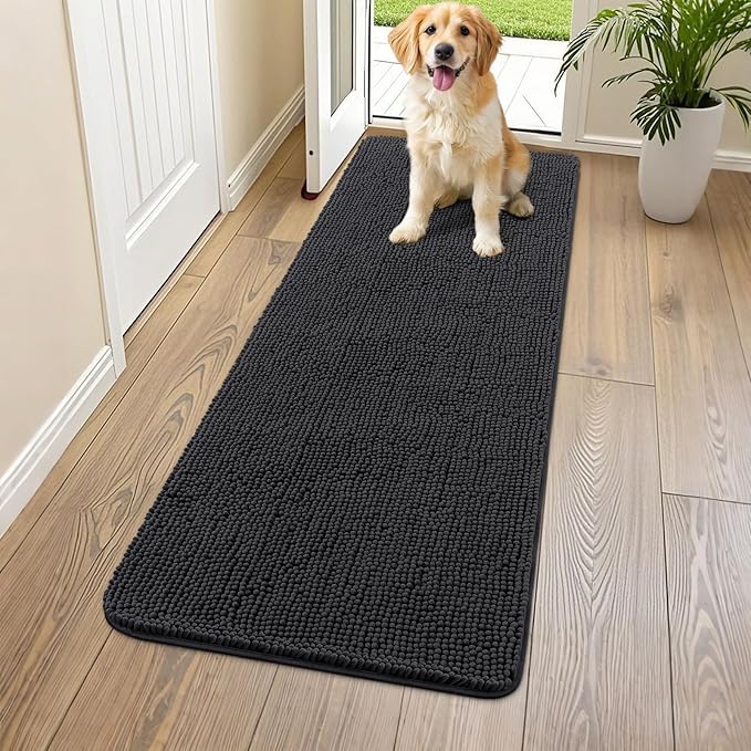 Smiry Dog Door Mat for Muddy Paws 59x20, Absorbs Moisture and Dirt Doormat, Non-Slip Washable Quick Dry Chenille Front Door Mat Indoor Entrance, Entryway Carpet for Inside Floor, Black