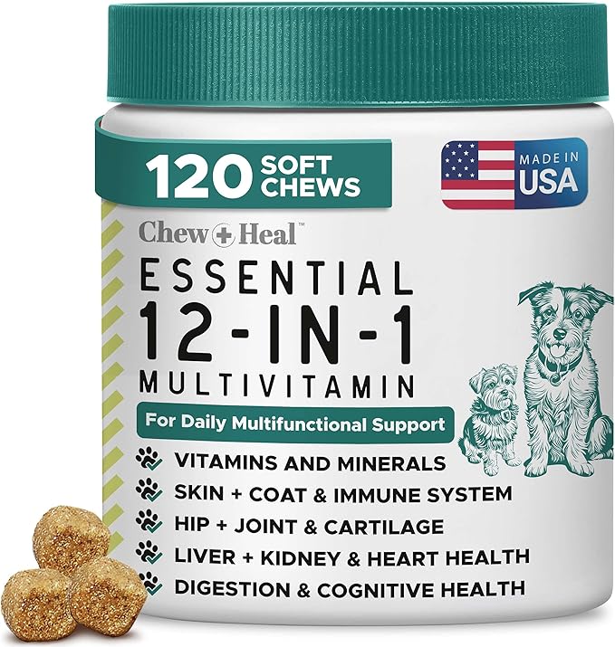 12-in-1 Dog Multivitamin Soft Chews, 120 Ct - Dog Vitamins & Supplements, Glucosamine Chondroitin, Probiotics, Omega 3 - Hip & Joint, Skin & Coat, Immune Support for Puppy & Senior Dogs - Chew + Heal