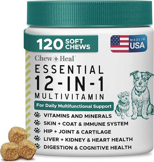 12-in-1 Dog Multivitamin Soft Chews, 120 Ct - Dog Vitamins & Supplements, Glucosamine Chondroitin, Probiotics, Omega 3 - Hip & Joint, Skin & Coat, Immune Support for Puppy & Senior Dogs - Chew + Heal