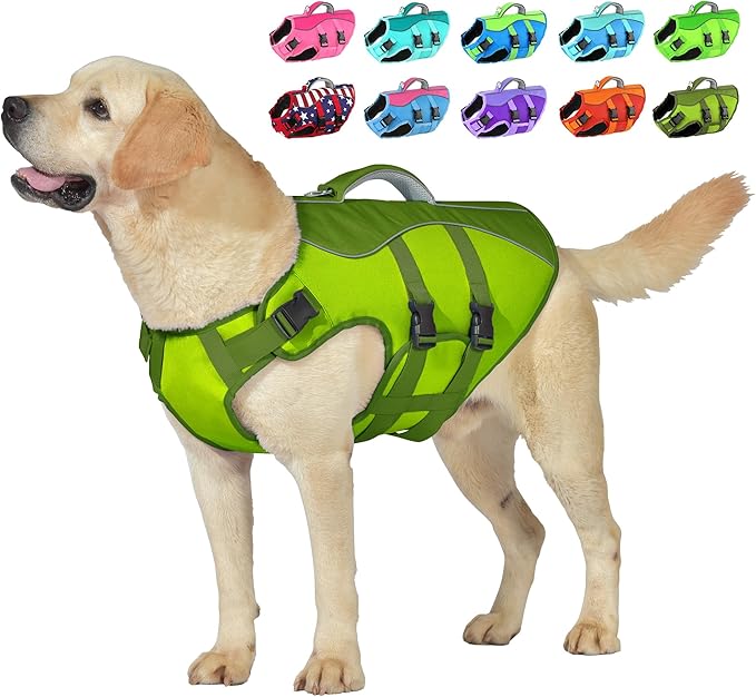 Dog Life Jacket, High Buoyancy Dog Life Vest with Handle for Swimming Boating, Adjustable Swimming Vest with Reflective Trim for Small Medium Large Dogs - Army Green, XL