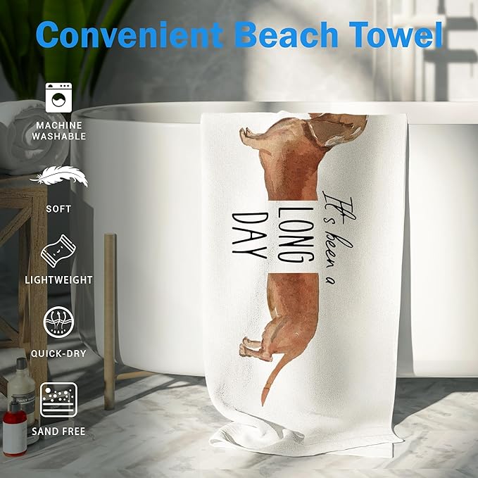 Funny Dachshund Dog Beach Towel Gifts for Dog Lovers Owner, Cute It's Been A Long Day Microfiber Quick Dry Travel Sand Free Beach Towels Oversized Decor for Bathroom Swimming Pool 30x60 Inch