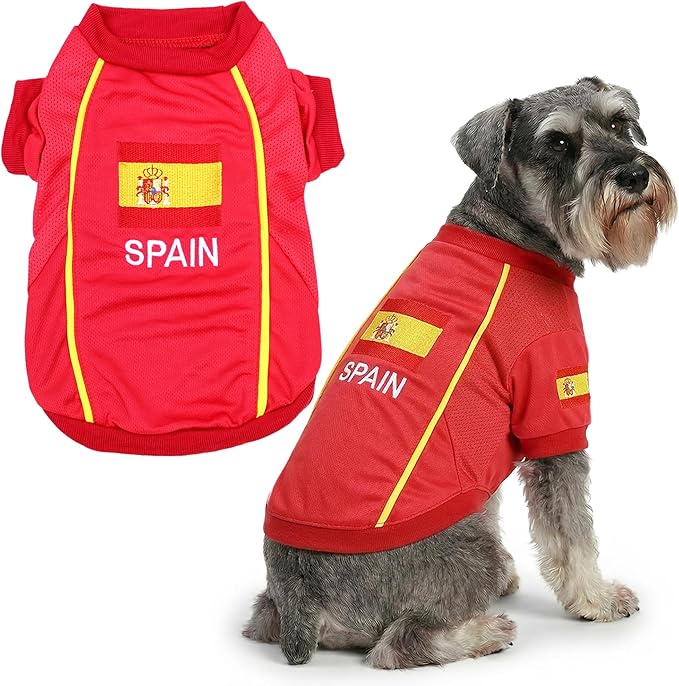 Parisian Spain Dog Jersey - Breathable Mesh Puppy Football Jersey - Lightweight Stretch Sporty Dog Clothes - Summer Shirts for Large Dogs - Soccer Jersey for Dogs - Sportswear Pet Clothes