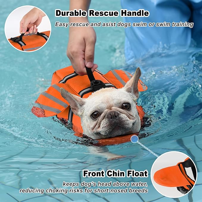 Dog Life Jacket, Cute Wings Adjustable Dog Life Vest with Chin Float and Handle for Swimming Boating Reflective High Buoyancy Swim Float Vest for Small Medium Large Dogs (Orange, XL)