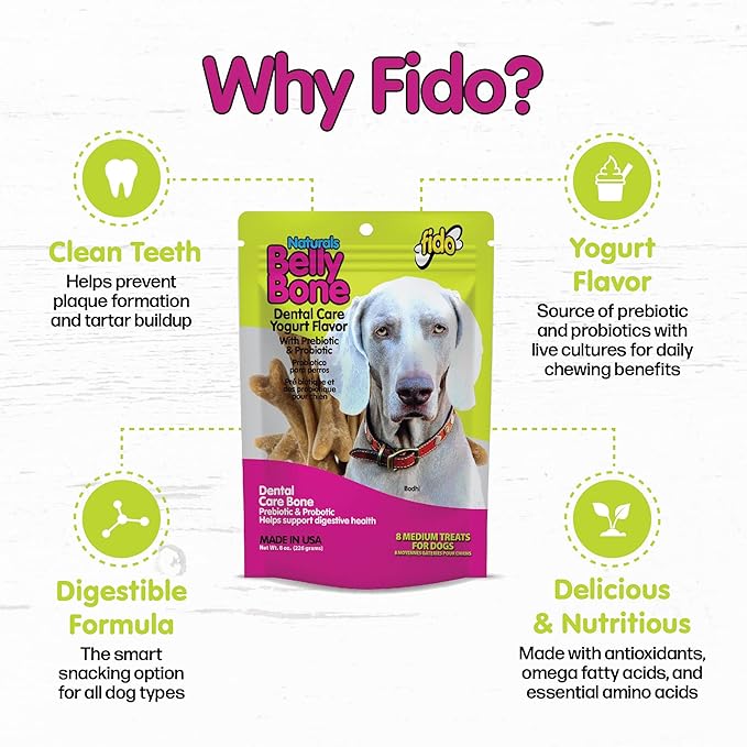 Fido - Belly Bones for Dogs, Yogurt Flavored Medium Dog Dental Treats - 8 Treats Per Pack (3 Pack) - (Made in USA) - Plaque and Tartar Control for Fresh Breath, Digestive Health Support