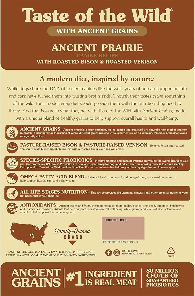 Taste of The Wild with Ancient Grains, Ancient Prairie Canine Recipe with Roasted Bison and Venison Dry Dog Food, Made with High Protein from Real Meat and Guaranteed Nutrients and Probiotics 5lb
