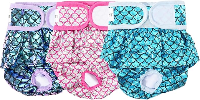 Avont 3 Pack Washable Female Dog Diapers, Reusable Period Diapers Cover for Girl Doggies Heat Cycle, Incontinence -Purple/Pink/Blue Mermaid(XL)