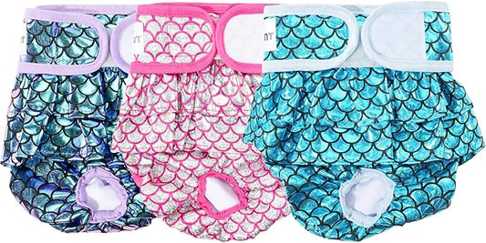 Avont 3 Pack Washable Female Dog Diapers, Reusable Period Diapers Cover for Girl Doggies Heat Cycle, Incontinence -Purple/Pink/Blue Mermaid(S)