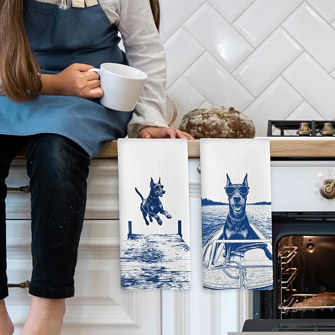 Lake House Decor Doberman Kitchen Towels Set of 2, Summer Funny Lake Dog Coastal Bathroom Hand Towel, Dog Lover Gifts Tea Towel Dish Towels 16x24 Inch