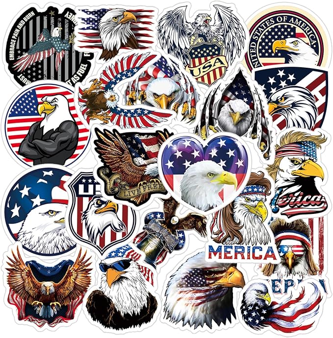 25pcs Cool Bald Eagle Animal Deacls Stickers Pack | American Flag Stickers for Water Bottle Skateboard Guitar Computer Laptop Phone Case Car Helmet
