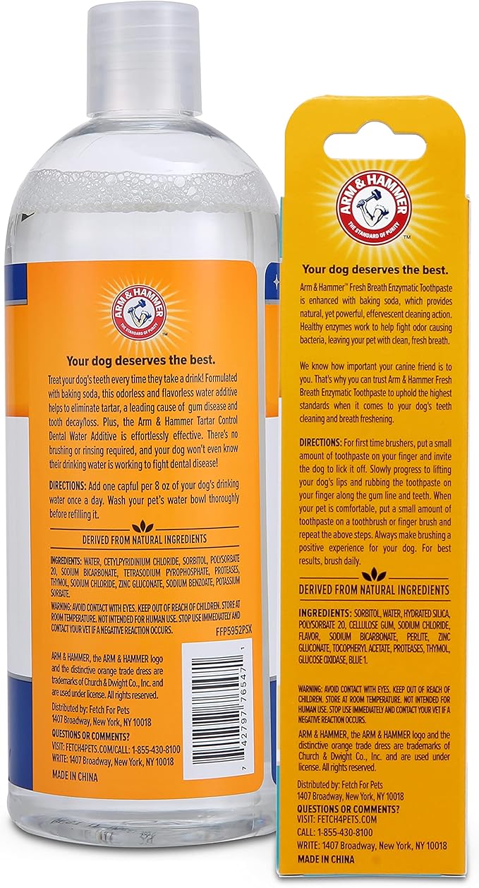 Combo Pack: Arm & Hammer Dog Dental Tartar Control Water Additive and Fresh Breath Vanilla Ginger Enzymatic Toothpaste