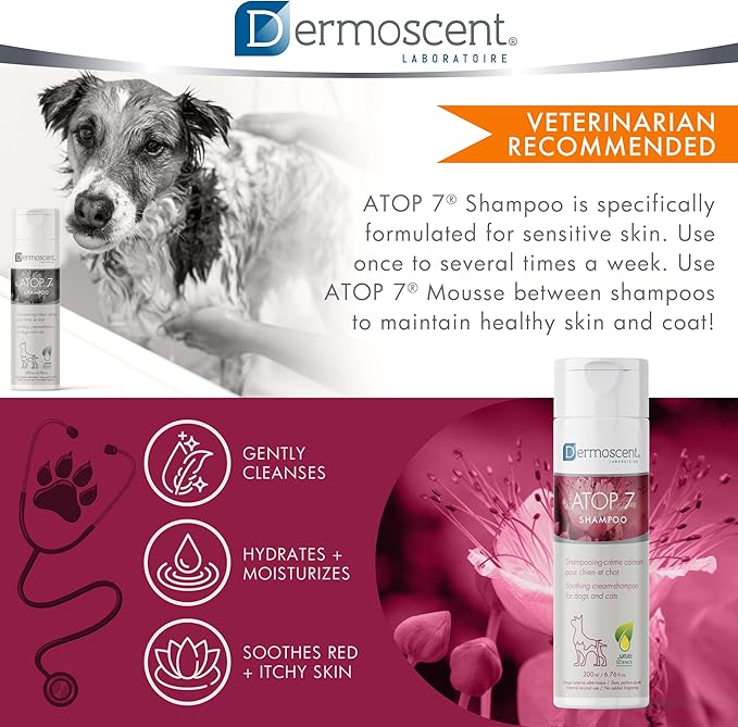 Dermoscent ATOP 7 Shampoo for Dogs & Cats - Allergies & Itchy Skin Relief - Natural Ingredients - Helps Soothe Dermatitis & Atopic Skin - 200 ml