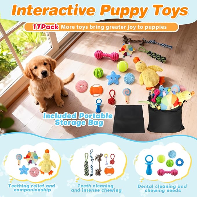 Puppy Play Gym with 17 Hanging Toys, Small Dogs Interactive Indoor Jungle Gym for Puppies, Dog Enrichment Activity Center, Adjustable PVC Frame with Straps, Teething & Squeaky Toys, Yellow