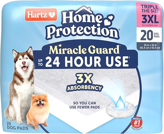 Hartz Miracle Guard Dog and Puppy Dog Pads Max Absorbency 24 Hour Use Odor Eliminating No Leaks, 3XL Size 20 Count