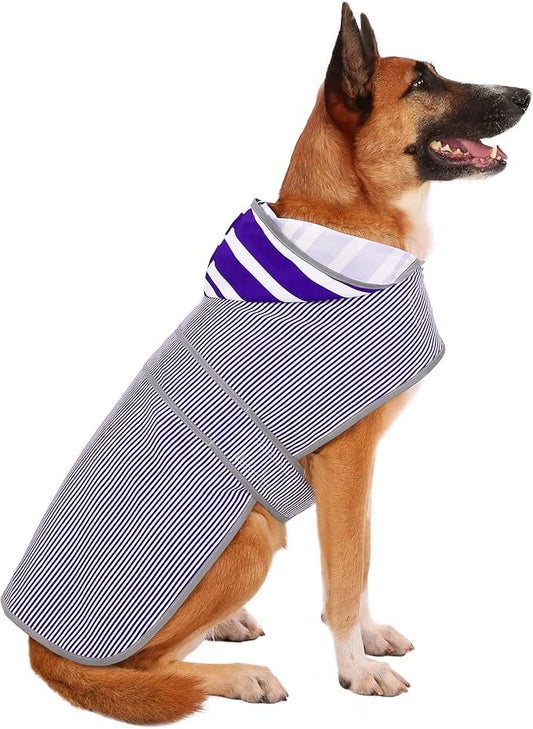 Dog Raincoat for Large Dogs Puppies Waterproof Jacket Hooded Rain Coats with Reflective Strips Leash Hole & Poncho Adjustable Fit (Bluestripe,XL)