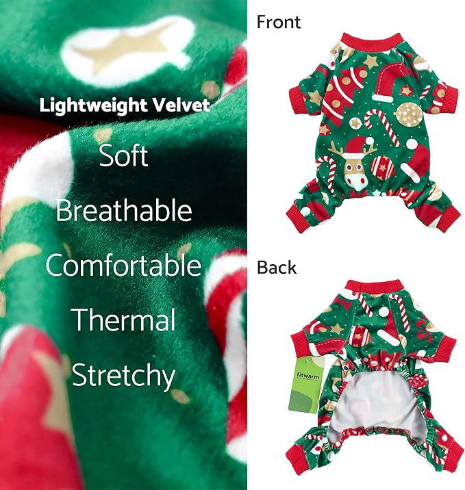 Fitwarm Christmas Dog Pajamas, Dog Winter Clothes for Small Dogs Boy Girl, Lightweight Velvet Pet Jammies, Red, Green, Medium