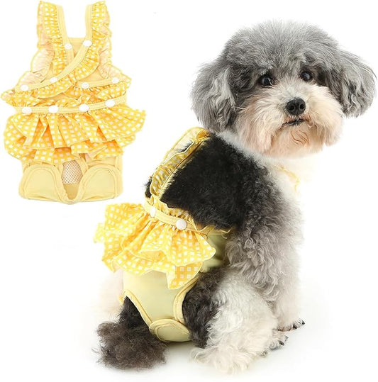 Zunea Washable Female Small Dog Diapers for XS/S Size Dogs Adjustable Suspender Reusable Puppy Sanitary Diaper Pantie Cute Plaid Nappies Skirt for Doggy Chihuahua Yorkie in Heat Yellow XL