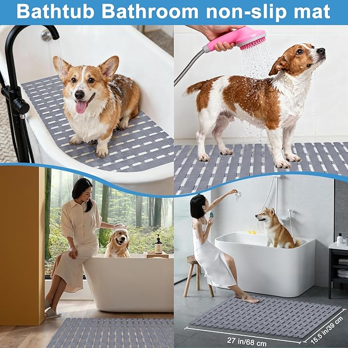Bath Tub Shower Mat, Pet Dog Bathing Non-Slip Mat, Dog Bath mat for tub, 27.5x15.7 Inch Quick Drain Bathtub Mat with Suction Cups & Drain Holes for Bathroom (Transparent)