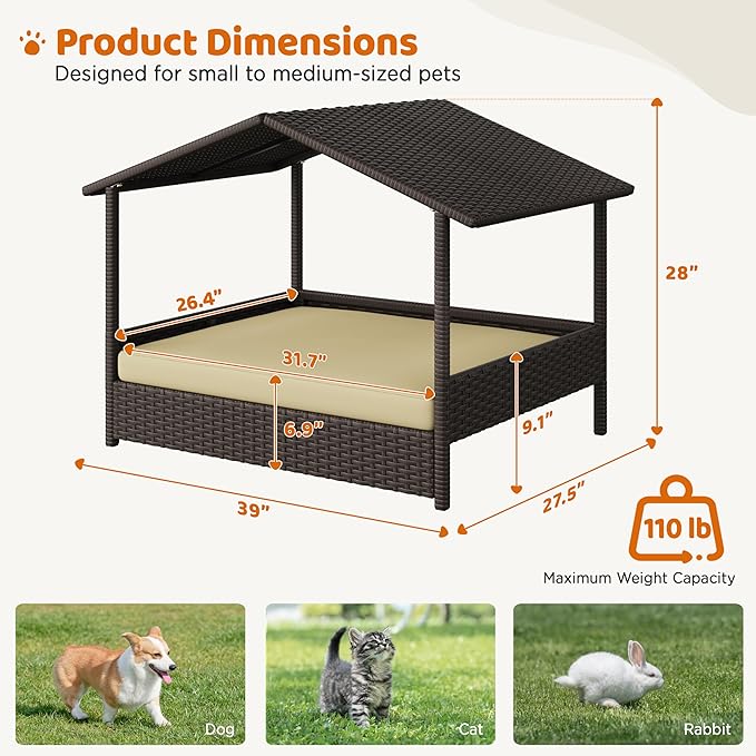 Yaheetech Wicker Dog House Outdoor Indoor with Canopy, Elevated Dog Shelter Dog Bed with Cushion for Small/Medium Dogs, Shade for Deck, Patio, Yard, Pool Brown House, Khaki Cushion