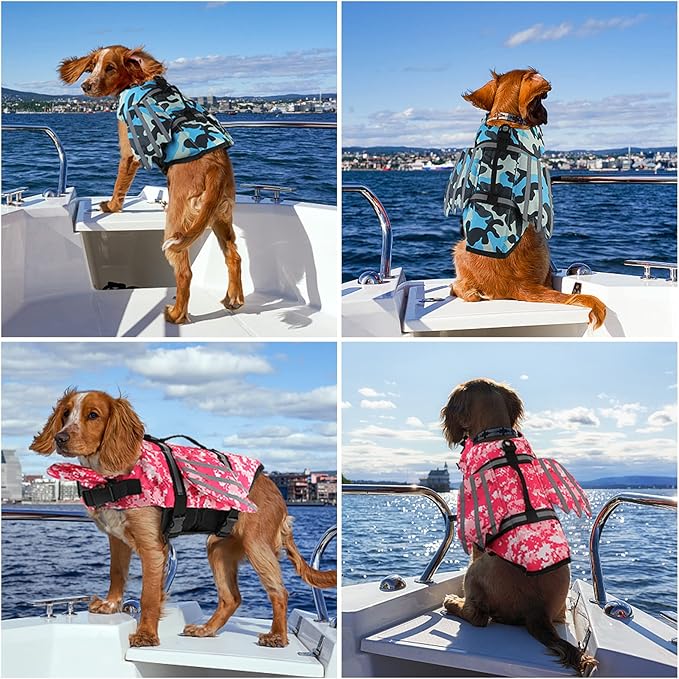 Dog Life Jacket, Wings Pet Life Vest for Swimming Boating Reflective Dog Flotation Swim Vest with Handle and Chin Float for Small Medium Large Size Dogs - Blue Camo, XS