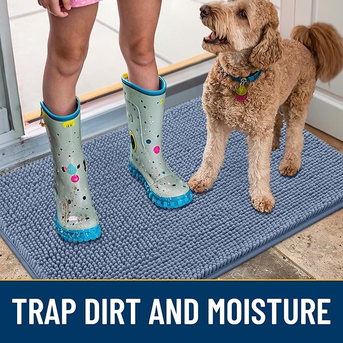 Smiry Dog Door Mat for Muddy Paws 47x24, Absorbs Moisture and Dirt Doormat, Non-Slip Washable Quick Dry Chenille Front Door Mat Indoor Entrance, Entryway Carpet for Inside Floor, Airy Blue